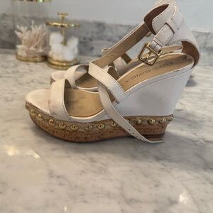 Via Spiga Gold and White Wedge Sandals with Ankle Strap